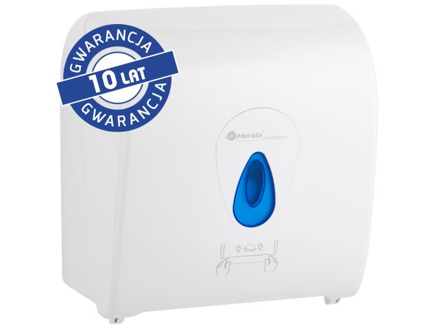 Mechaniczny podajnik ręczników papierowych w rolach MERIDA TOP AUTOMATIC MAXI, tworzywo ABS, biały połysk, okienko niebieskie